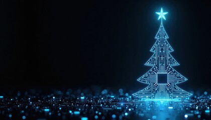 Leinwandbilder - Abstract tech Christmas tree. Luminous blue digital circuit board tech tree. Christmas tree shape glowing circuit board. Festive tech design. Futuristic design idea. Christmas concept. Development,