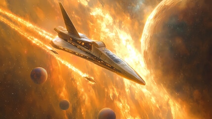 Wall Mural - Exploring the cosmos a futuristic rocketship navigating through vibrant planets and nebulous skies, digital art of space exploration concept. Nebulous. Illustration