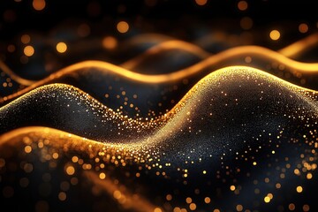 Poster - Abstract illustration. Shiny gold particles on black background. Dynamic curve lines. Modern design for business presentation wallpaper. Looks like waves of energy in motion. Suitable for tech