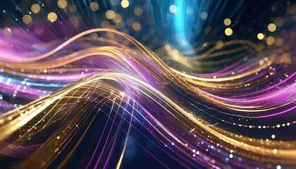 Poster - Abstract Futuristic Background Featuring Gold, Pink, and Blue Glowing Neon Wave Lines in High-Speed Motion - Perfect for Tech, Digital Art, and Modern Design Projects