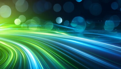 Poster - Abstract Futuristic Background Featuring Green and Blue Glowing Neon Wave Lines in High-Speed Motion - Perfect for Tech, Digital Art, and Sci-Fi Themes