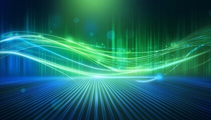 Poster - Abstract Futuristic Background with Glowing Neon Wave Lines in Green and Blue - High-Speed Motion Design for Modern Digital Art and Technology Themes