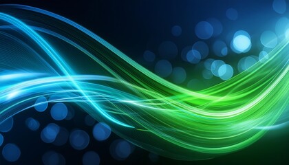 Poster - Abstract Futuristic Background Featuring Green and Blue Glowing Neon Wave Lines in High Speed Motion, Perfect for Technology, Science Fiction, and Digital Art Projects