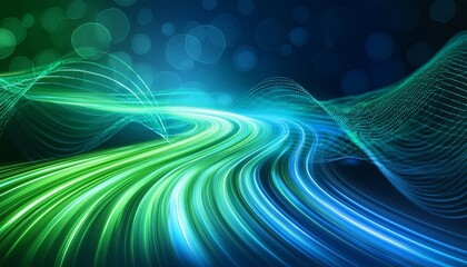 Poster - Abstract Futuristic Background Featuring Green and Blue Glowing Neon Wave Lines in High-Speed Motion, Perfect for Tech and Sci-Fi Themes, Digital Art, and Modern Design Applications ().jpg