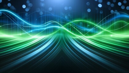 Poster - Abstract Futuristic Background Featuring Green and Blue Glowing Neon Wave Lines in High-Speed Motion, Perfect for Tech, Digital Art, and Modern Design Projects.