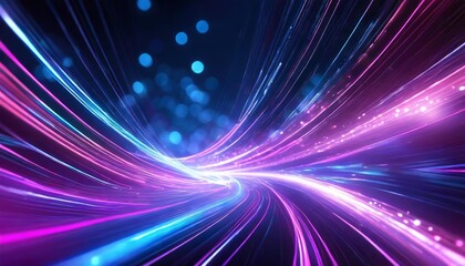 Poster - Abstract Futuristic Background Featuring Pink and Blue Glowing Neon Wave Lines in High-Speed Motion - A Stunning Visual Representation of Modern Digital Art