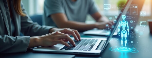 Fototapete - People use laptop, interact with virtual AI assistant. AI assistance support work process. Focus on prompt engineering, deep learning technologies. Scene takes place in office setting. Modern tech