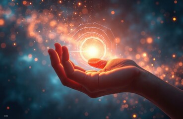 Poster - Human hand holds glowing cosmic energy sphere. Futuristic tech concept. Mystical light surrounds sphere. Vibrant connection between human touch, universe. Creative visual. Abstract. Image evokes