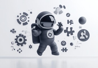Poster - Astronaut solving puzzle pieces, gears, and network icons.