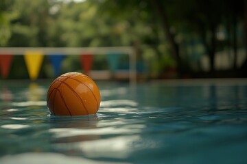 Poster - Basketball floating in swimming pool.