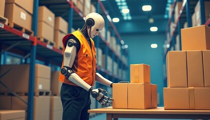 Poster - Robot worker sorts, packs items in warehouse. Automated tech manages cargo. Efficient logistic system. Future tech used. Warehouse operation. Robotics in industry. High tech warehouse. Modern