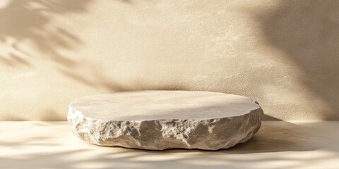 Poster - Beige stone podium on beige background with sunlight and shadows.