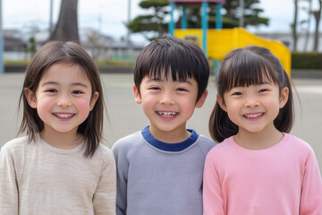 Wall Mural - Group portrait of three smiling children in a playground