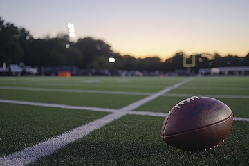 Poster - Football on field at sunset.