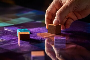 Poster - Hand placing wooden block on colorful surface.