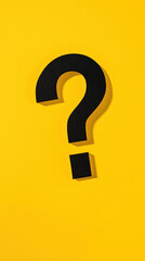 Poster - Black question mark on yellow background. Simple design. Represents question problem. Suitable for FAQ help illustration. Versatile for business tech concepts. Illustrates need for solutions. Modern,