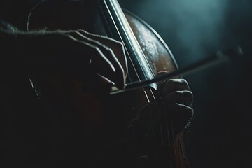 Poster - Close-up of hands playing cello in dramatic low light.