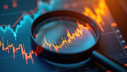 Poster - Magnifying glass focuses on upward trending stock market graph. Abstract design combines orange, blue colors. Financial data analysis concept. Investors examine market trends. Potential for gains
