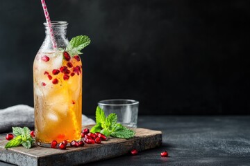 Poster - Iced pomegranate tea in glass bottle with mint.