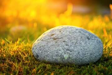 Poster - Smooth grey stone resting on vibrant green moss in warm sunset light.