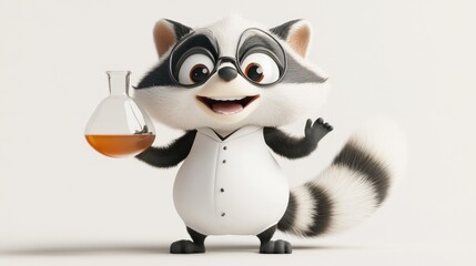 Poster - Cheerful cartoon raccoon scientist holding a beaker.