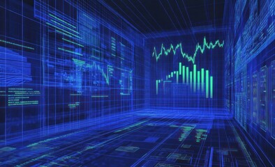 Poster - Futuristic digital room with glowing data visualizations, charts, and graphs.