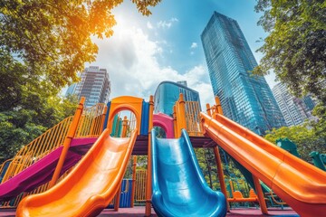 Poster - Colorful playground slides against modern cityscape.