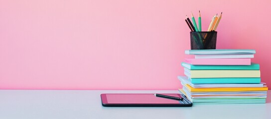 Poster - Pastel colored books, pencils, and tablet on pink background.