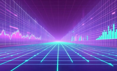 Poster - Futuristic neon grid road with financial charts.