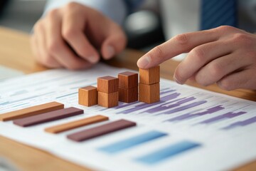Fototapete - Close-up of hands building a wooden block graph on financial report.