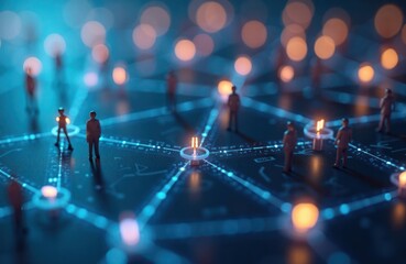 Poster - miniature figures connected by glowing network on blue background. tech network connects people. glo