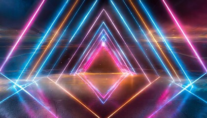 Poster - Abstract Neon Light Geometric Background: A Stunning Display of Glowing Neon Lines and an Empty Futuristic Stage with Laser Effects for Creative Projects and Visual Media ().jpg