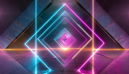 Poster - Abstract Neon Light Geometric Background: A Stunning Visual of Glowing Neon Lines Creating an Empty Futuristic Stage with Laser Effects for Creative Projects and Digital Artworks