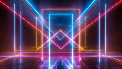 Poster - Abstract Neon Light Geometric Background: A Stunning Display of Glowing Neon Lines on an Empty Futuristic Stage with Laser Effects - Perfect for Modern Design Projects and Digital Art.