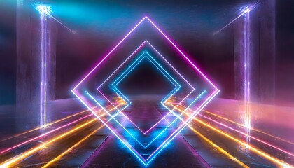Poster - Abstract Neon Light Geometric Background with Glowing Neon Lines on an Empty Futuristic Stage, Perfect for Creating Stunning Visuals and Digital Art Projects ().jpg