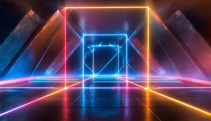 Poster - Abstract Neon Light Geometric Background: A Stunning Display of Glowing Neon Lines Creating an Empty Futuristic Stage with Laser Effects for Modern Visual Projects and Digital Art Creations.
