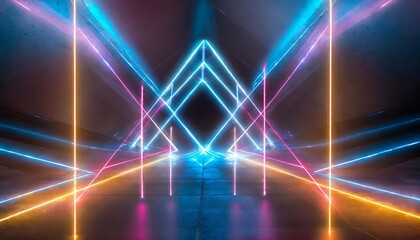 Poster - Stunning Abstract Neon Light Geometric Background Featuring Glowing Neon Lines and an Empty Futuristic Stage Laser Setup for Modern Design Projects and Creative Visuals