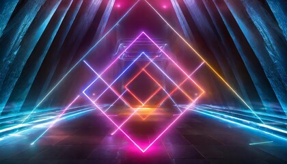 Poster - Abstract Neon Light Geometric Background: A Mesmerizing Display of Glowing Neon Lines and Shapes, Perfect for Creating a Futuristic Stage Setting with Laser Effects and Vibrant Colors
