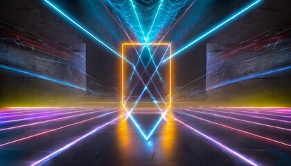 Poster - Abstract Neon Light Geometric Background: A Stunning Display of Glowing Neon Lines Creating an Empty Futuristic Stage with Laser Effects for Creative Visual Projects and Digital Artworks.