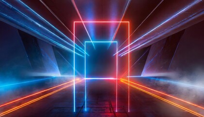 Poster - Abstract Neon Light Geometric Background: A Captivating Display of Glowing Neon Lines Creating an Empty Futuristic Stage with Laser Effects for Stunning Visuals and Modern Designs