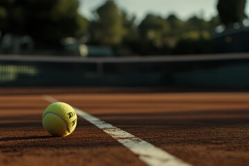 Poster - Tennis ball on clay court near line.