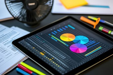 Aufkleber - Tablet displaying colorful data charts and graphs on a desk with office supplies.