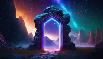 Poster - Abstract Portal Stone Gate with Neon Glowing Light in a Dark Cosmic Landscape: A Surreal Journey Through Space and Time, Merging Reality with Imagination and Infinite Possibilities