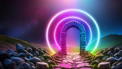 Poster - Abstract Portal Stone Gate with Neon Glowing Light in the Dark Space Landscape of Cosmic Wonders, Mysterious Dimensions, and Futuristic Aesthetics (ro )