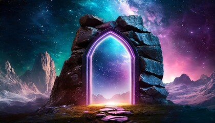 Poster - Abstract Portal Stone Gate with Neon Glowing Light in a Dark Cosmic Space Landscape - A Surreal Journey Through an Enigmatic Dimension of Light and Shadow