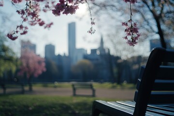 Poster - Park bench, cherry blossoms, city skyline.