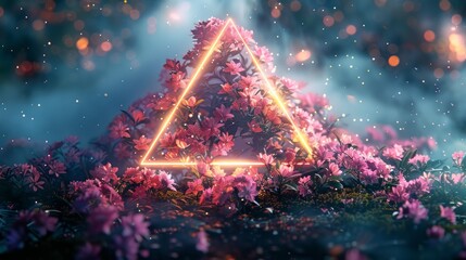 Wall Mural - Glowing triangle frame surrounds pink flowers in a mystical forest scene.