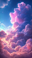 Poster - Pink, purple fluffy clouds fill sky. Stars sparkle in dark blue background. Dreamy abstract image evokes sense of wonder, magic. Soft glow, cute appearance. Could used as background for websites