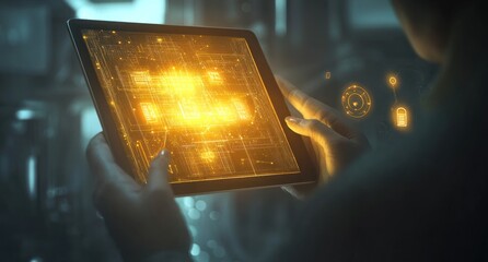 Poster - Person using tablet with futuristic interface.