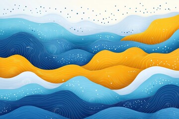 Poster - Seamless pattern with layers of wavy lines. Blue, yellow waves repeat in rhythmic pattern. Soft pastel colors create tranquil, calming effect. Design decorative aesthetic. Suitable for wallpapers,